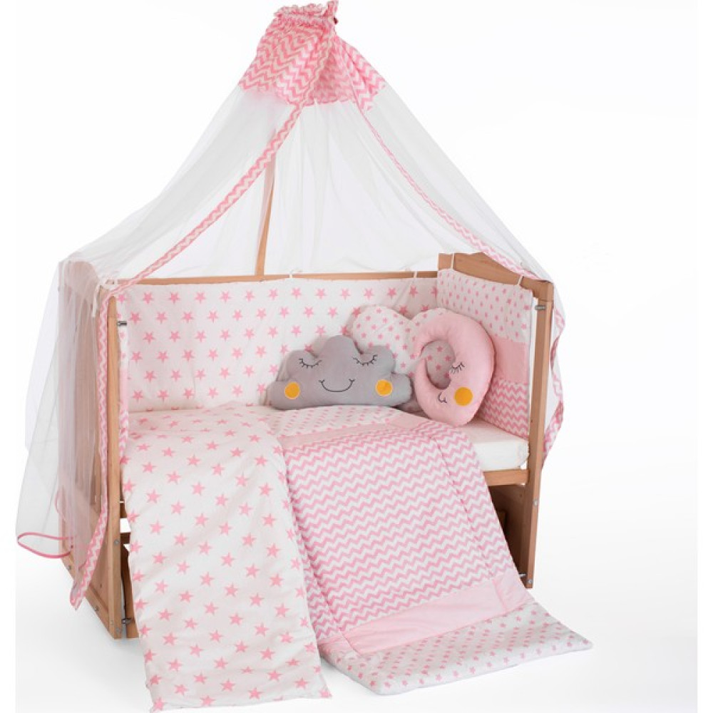 Bamgidoo Ahşap Organik Beşik Anne Yanı Beşik 3 Kademeli Lüx Bebek Beşiği 60 x 120 cm - Pembe Yıldız Uyku Setli & Soft Yataklı Beşik Fiyatı