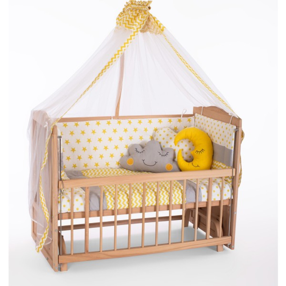 Bamgidoo Ahşap Organik Beşik Anne Yanı Beşik 3 Kademeli Lüx Bebek Beşiği 60 x 120 cm - Sarı Yıldız Uyku Setli & Soft Yataklı Beşik Fiyatı