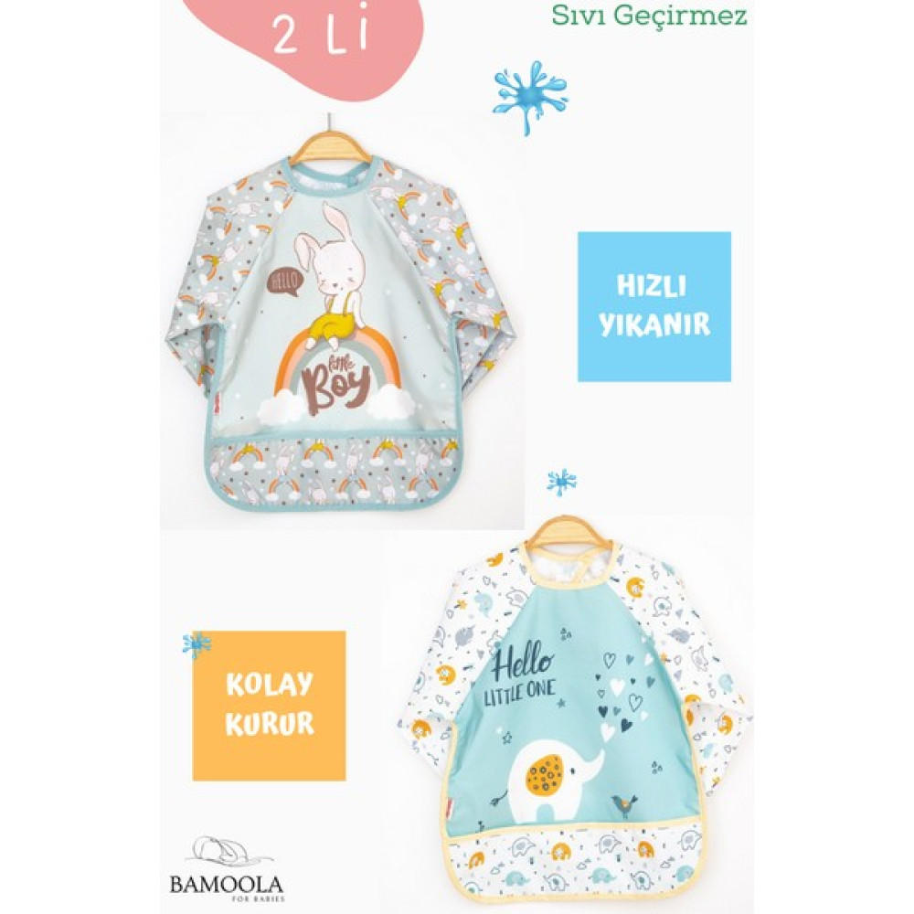 Bamoola 2'li Tavşan ve Beyaz Fil Desenli Uzun Kollu Bebek Mama Önlüğü - 0 - 3 Yaş Mama Önlüğü Fiyatı