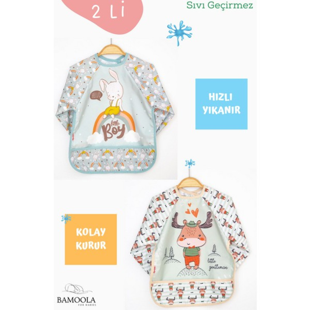 Bamoola 2'li Tavşan ve Geyik Desenli Uzun Kollu Bebek Mama Önlüğü - Araba Pembe - 0 - 3 Yaş Mama Önlüğü Fiyatı