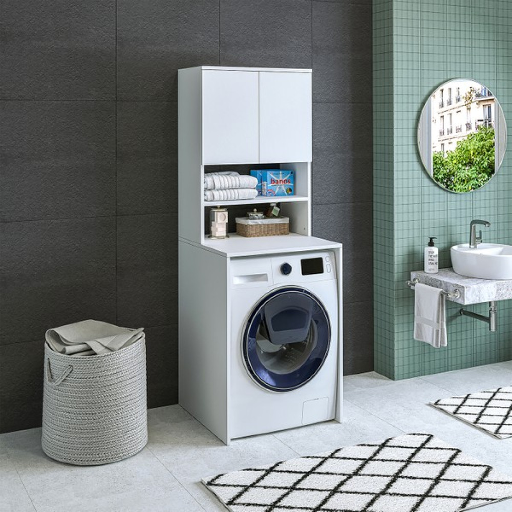 Banos Banyo Roomart Cd9 Çamaşır Makinesi Dolabı 3 Raflı 2 Kapaklı Banyo Dolabı Mat Beyaz-Ahşap - Mat Beyaz Banyo Dolabı / Mobilyası Fiyatı