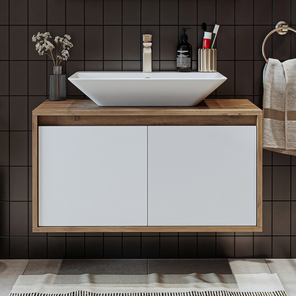 Banos Banyo Roomart Ld7 Ayaksız 2 Kapaklı Lavabolu Ahşap-Mat Beyaz Mdf 85 cm Banyo Dolabı - Yok - Atlantik Çam - Beyaz Banyo Dolabı / Mobilyası Fiyatı