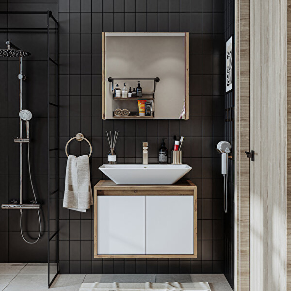 Banos Banyo Roomart Tm7.2 Ayaksız 2 Kapaklı Lavabolu Ahşap-Mat Beyaz Mdf 65 cm Banyo Dolabı + Aynalı Banyo Üst Dolabı - Yok - Atlantik Çam - Beyaz Banyo Dolabı / Mobilyası Fiyatı