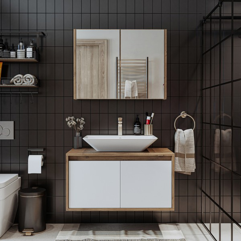 Banos Banyo Roomart Tm7.2 Ayaksız 2 Kapaklı Lavabolu Ahşap-Mat Beyaz Mdf 85 cm Banyo Dolabı + Aynalı Banyo Üst Dolabı - Yok - Atlantik Çam - Beyaz Banyo Dolabı / Mobilyası Fiyatı