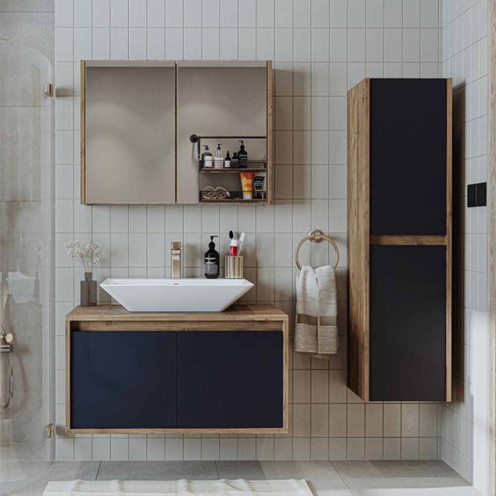 Banos Banyo Roomart tm7.3 Lavabolu Ahşap-Antrasit Mdf 85 cm Banyo Dolabı+ Aynalı Banyo Üst Dolap+Boy Dolabı - Yok - Atlantik Çam Banyo Dolabı / Mobilyası Fiyatı