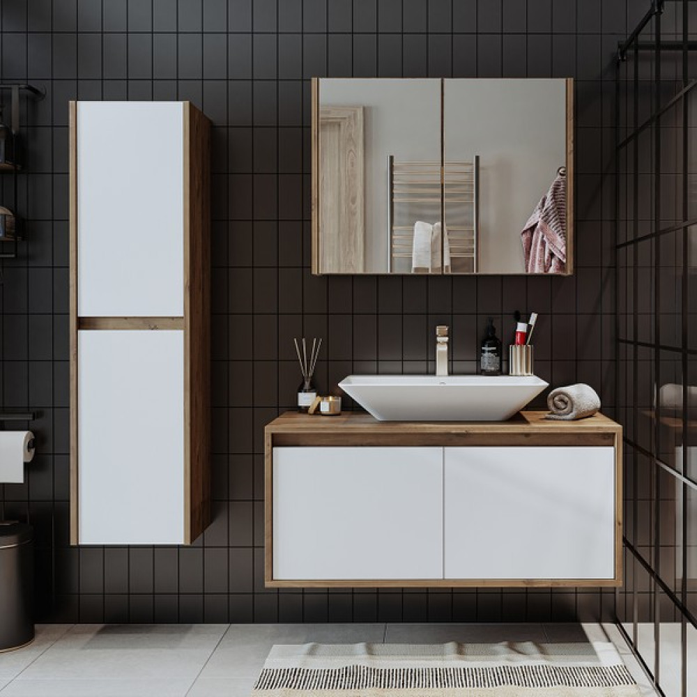 Banos Banyo Roomart tm7.3 Lavabolu Ahşap-Mat Beyaz Mdf 100 cm Banyo Dolabı+Aynalı Banyo Üst Dolap+Banyo Boy Dolabı - Yok - Atlantik Çam - Beyaz Banyo Dolabı / Mobilyası Fiyatı