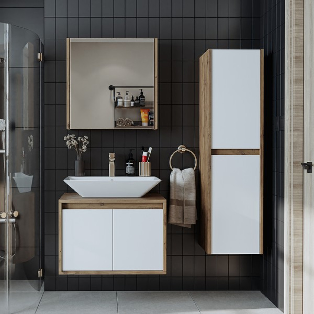 Banos Banyo Roomart tm7.3 Lavabolu Ahşap-Mat Beyaz Mdf 65 cm Banyo Dolabı+Aynalı Banyo Üst Dolap+Banyo Boy Dolabı - Yok - Atlantik Çam - Beyaz Banyo Dolabı / Mobilyası Fiyatı