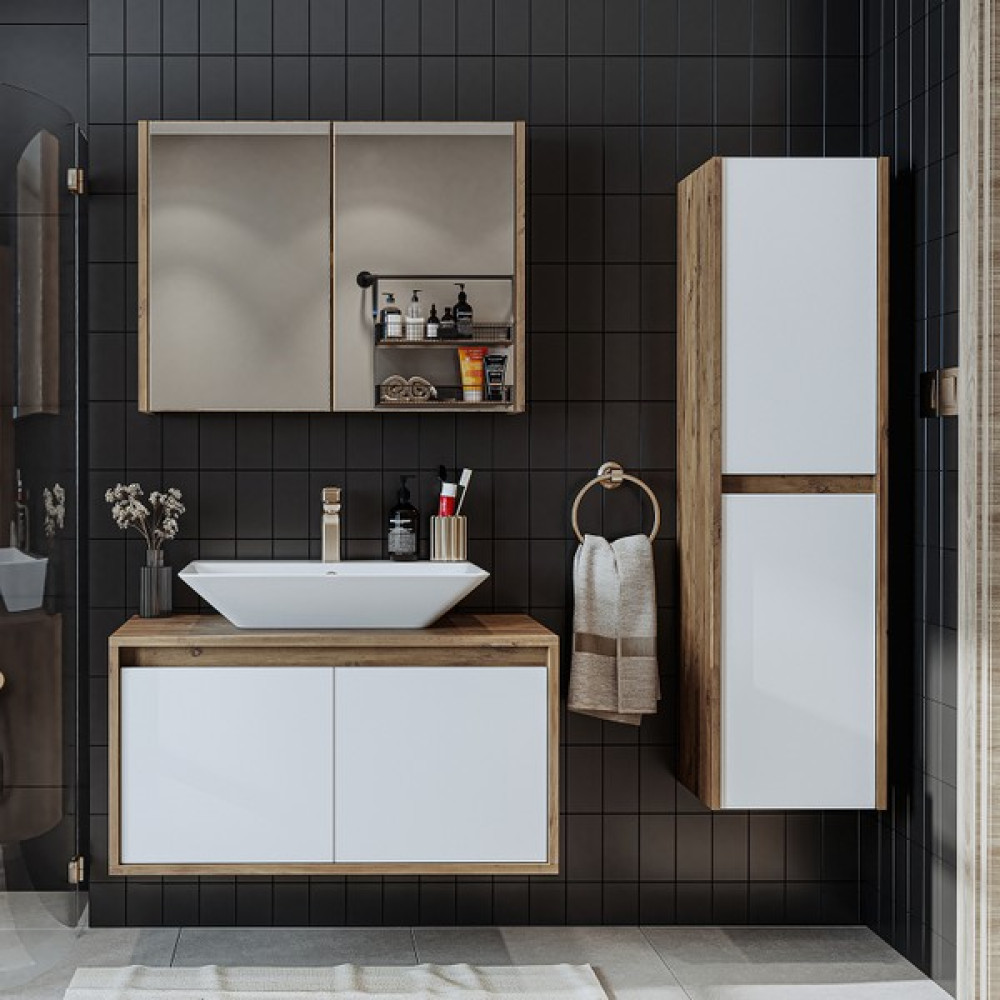 Banos Banyo Roomart tm7.3 Lavabolu Ahşap-Mat Beyaz Mdf 85 cm Banyo Dolabı+Aynalı Banyo Üst Dolap+Banyo Boy Dolabı - Yok - Atlantik Çam - Beyaz Banyo Dolabı / Mobilyası Fiyatı