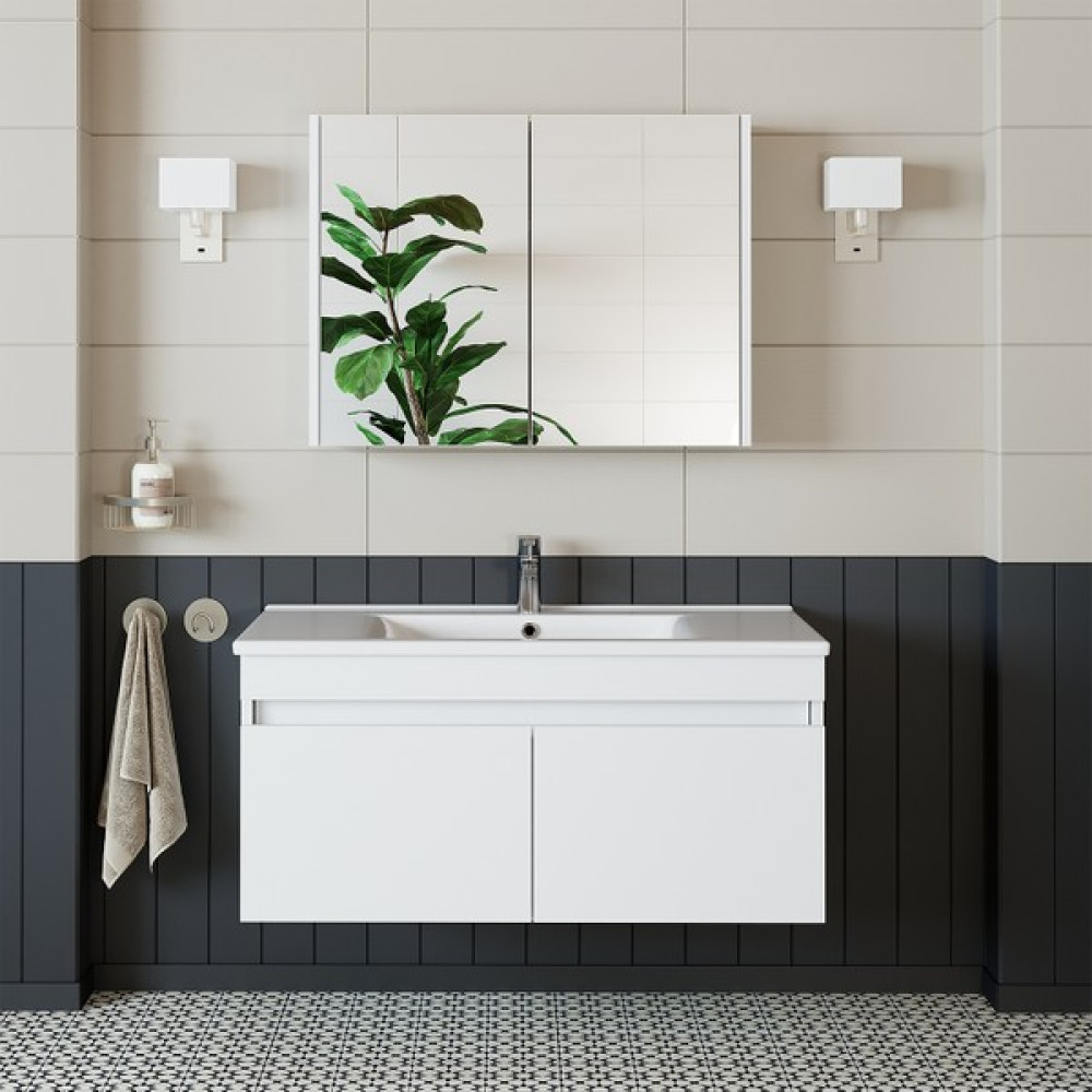 Banos Roomart 2 Kapaklı Lavabolu Beyaz Mdf 100 cm Banyo Dolabı + Aynalı Banyo Üst Dolabı - 570 x 1000 x 455 Cm Banyo Dolabı / Mobilyası Fiyatı