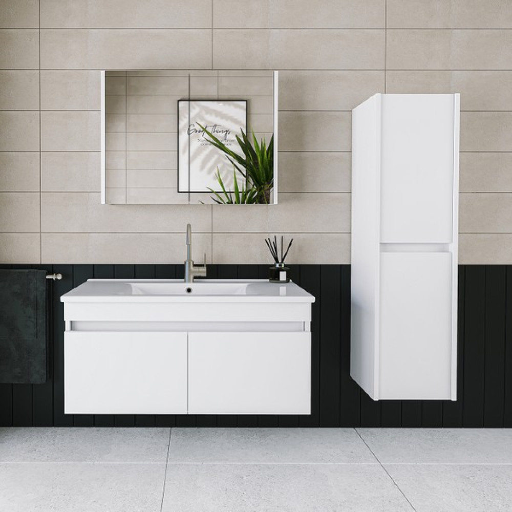 Banos Roomart 2 Kapaklı Lavabolu Beyaz Mdf 100 cm Banyo Dolabı + Aynalı Banyo Üst Dolabı + Banyo Boy Dolabı - 570 x 1000 x 455 Cm Banyo Dolabı / Mobilyası Fiyatı