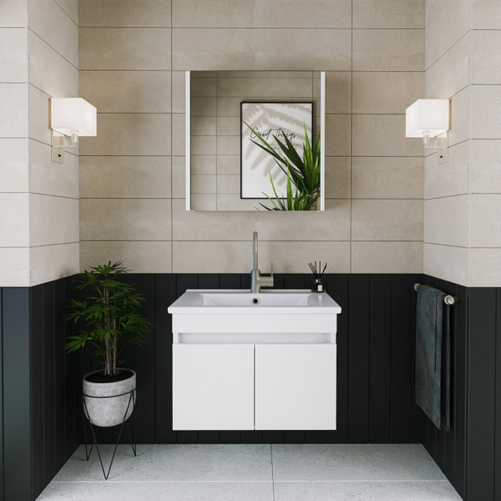 Banos Roomart 2 Kapaklı Lavabolu Beyaz Mdf 65 cm Banyo Dolabı + Aynalı Banyo Üst Dolabı - 570 x 650 x 455 Cm Banyo Dolabı / Mobilyası Fiyatı