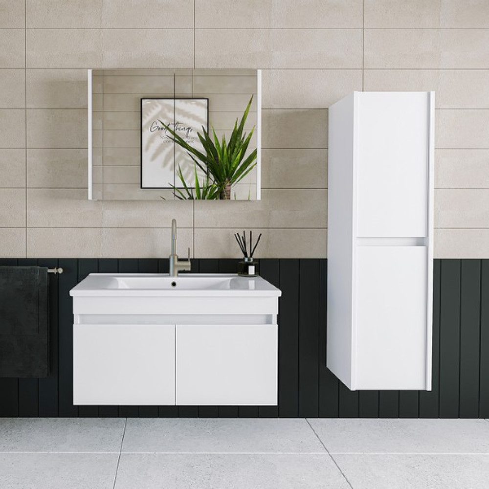 Banos Roomart 2 Kapaklı Lavabolu Beyaz Mdf 85 cm Banyo Dolabı + Aynalı Banyo Üst Dolabı + Banyo Boy Dolabı - 570 x 850 x 455 Cm Banyo Dolabı / Mobilyası Fiyatı