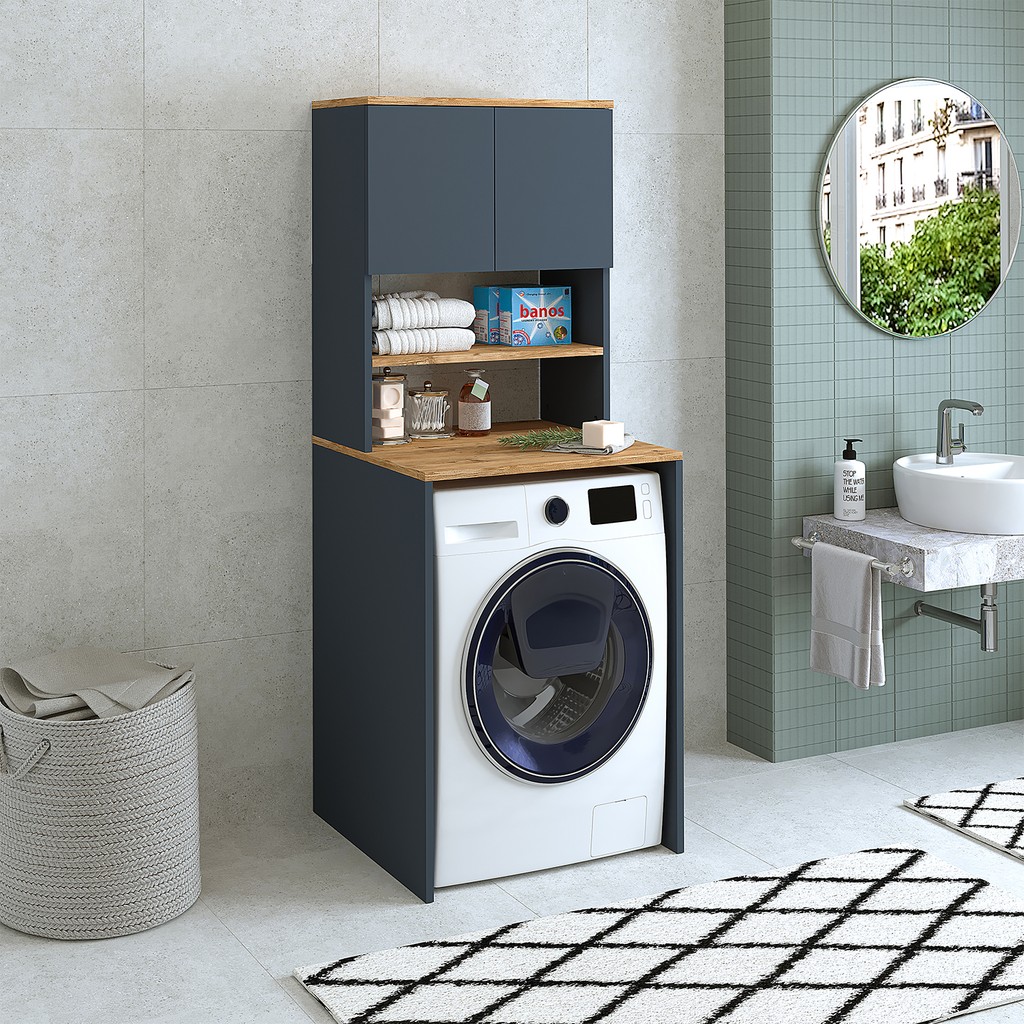 Banos Roomart CD10 Çamaşır Makinesi Dolabı 3 Raflı 2 Kapaklı Banyo Dolabı Mat Antrasit-Ahşap - Antrasit Banyo Dolabı / Mobilyası Fiyatı