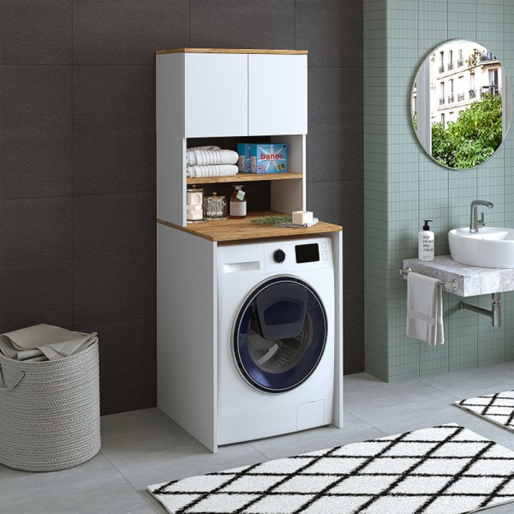 Banos Roomart Cd9 Çamaşır Makinesi Dolabı 3 Raflı 2 Kapaklı Banyo Dolabı Mat Beyaz-Ahşap - Beyaz Banyo Dolabı / Mobilyası Fiyatı