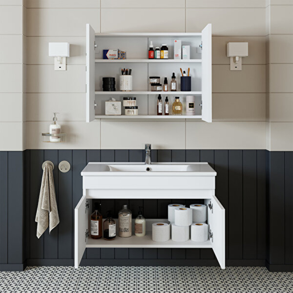 BanosRoomart 2 Kapaklı Lavabolu Beyaz Mdf 85 cm Banyo Dolabı + Aynalı Banyo Üst Dolabı - 570 x 850 x 455 Cm Banyo Dolabı / Mobilyası Fiyatı