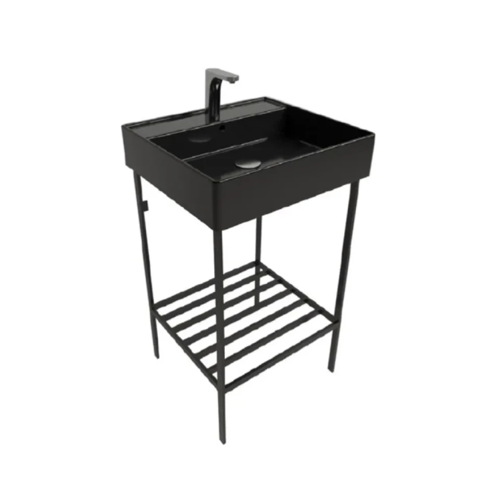 Banyo Dolabı Mat Sıyah Metal Ayaklı + Platın Lavabo Parlak Sıyah Lavabo Fiyatı