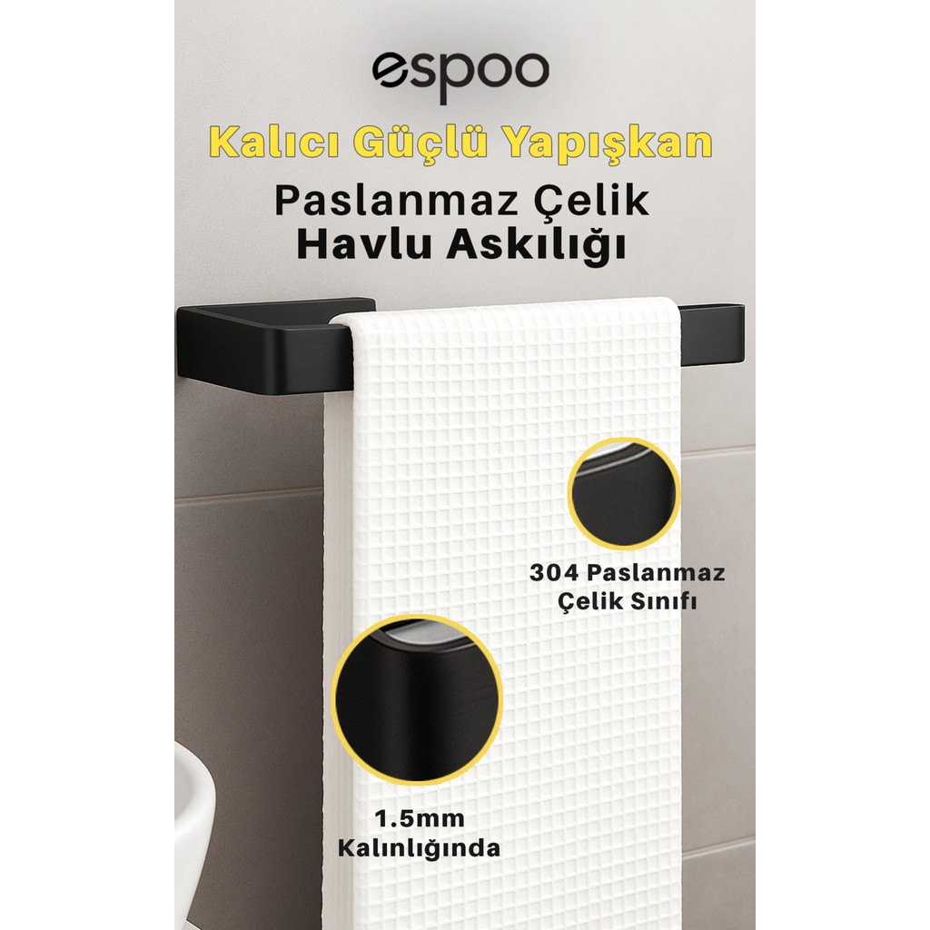 Banyo, Lavabo, Mutfak 304 Paslanmaz Çelik Yapışkanlı Havlu Askılığı, Havluluk Askısı - Siyah El / Yüz Havlusu Fiyatı