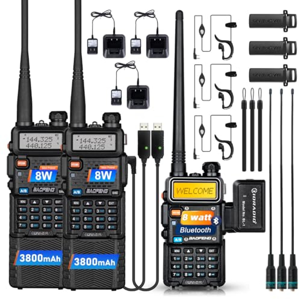BaoFeng Radio 8W 3 Pack (Upgraded from BaoFeng UV-5R) 8Watt Ham Radio Handheld Supported Phone Program with 771 Long Antenna Wireless Programmer Dual Band Walkie Talkies