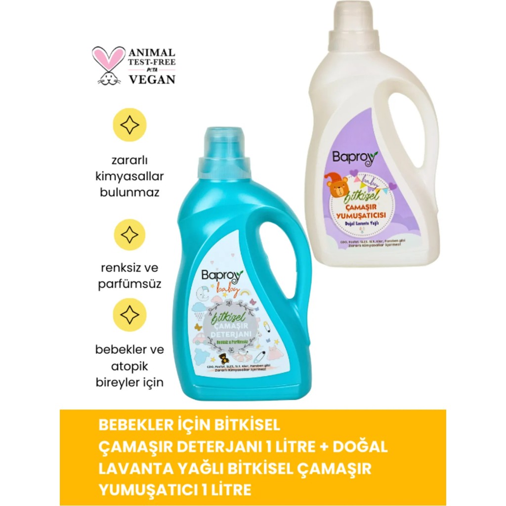 Baproy Bebekler Için Bitkisel Çamaşır Deterjanı 1 lt+Bitkisel Çamaşır Yumuşatıcısı Doğal Lavanta Yağlı 1 lt Çamaşır Deterjanı Fiyatı