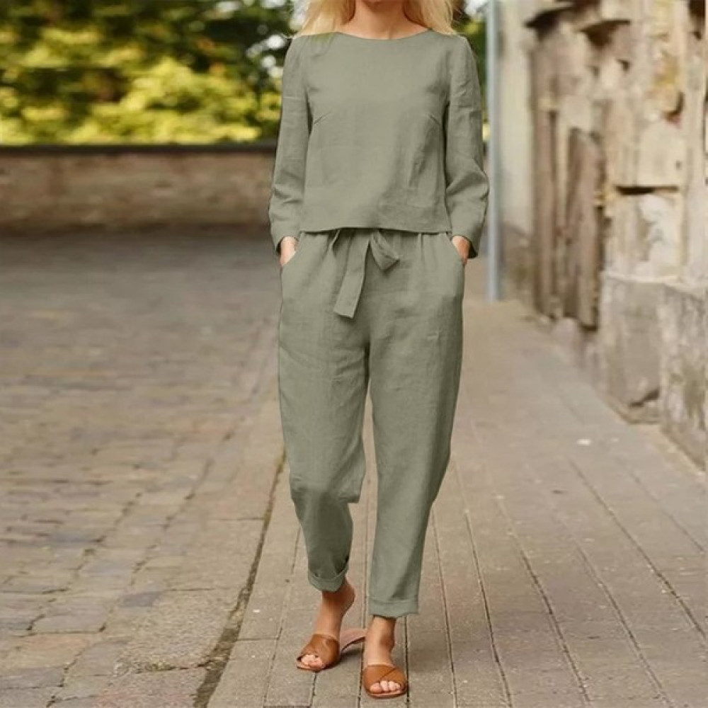 Barbora Keten Günlük Rahat Beli Kemerli Kadın Ikili Takım Alt Üst LN01HAKI Kadın Pantolon Fiyatı