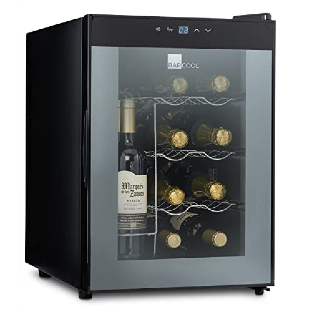 Barcool VINO12 – Table-Top Wine Fridge Black | 5-18°C | Wine Cooler | LED + Digital Display | Glass Door Drinks Cellar | Single-Zone