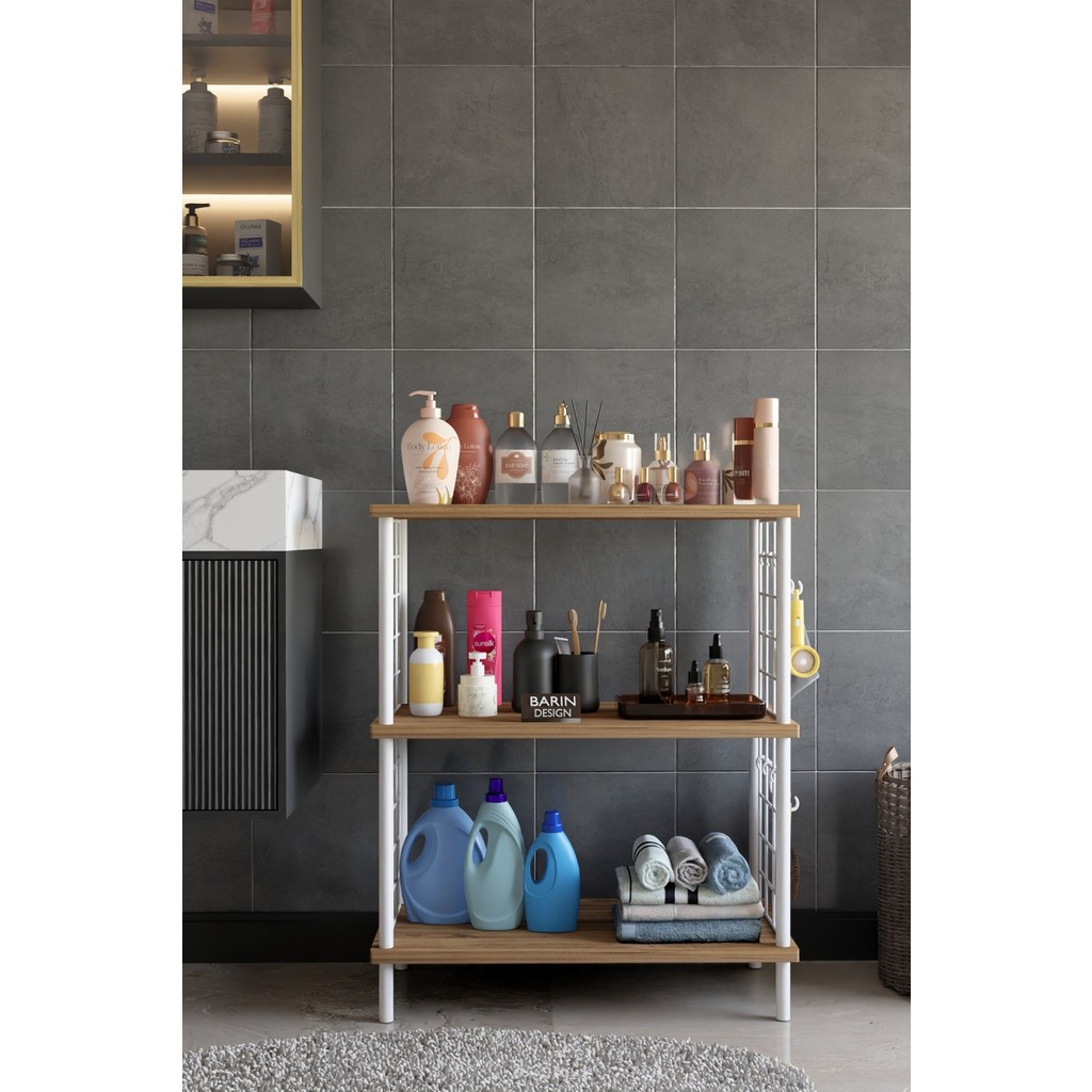 Barin Design 3 Raflı Çevir Tak Beyaz Telli Metal Gövdeli Çok Amaçlı Banyo Rafı ve Organizer Raf Banyo Dolabı - Atlantik Çam Banyo Dolabı / Mobilyası Fiyatı