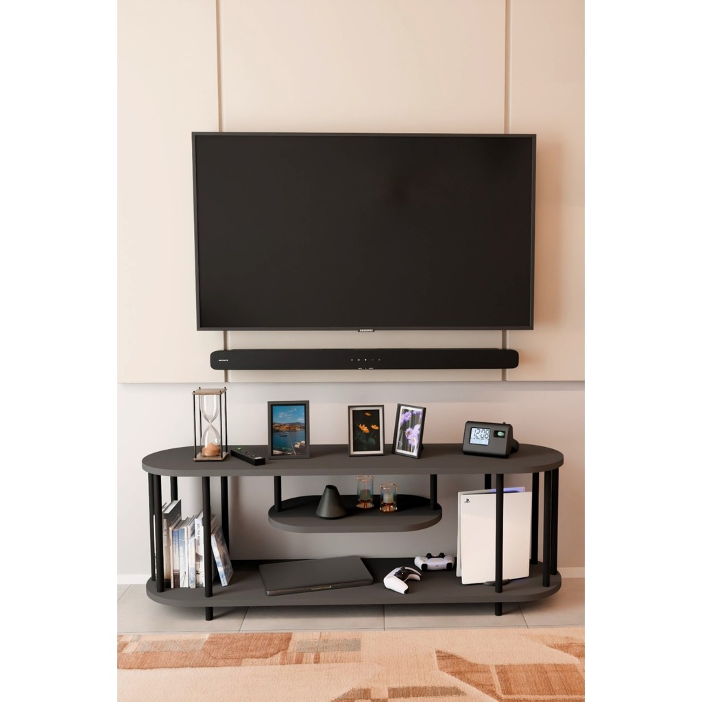 Barin Design Modern Tv Ünitesi Ahşap Raflı 2 Katlı Televizyon Sehpası Minimalist,dayanıklı, Fonksiyonel Tv Standı - Antrasit Tv Ünitesi / Sehpası Fiyatı