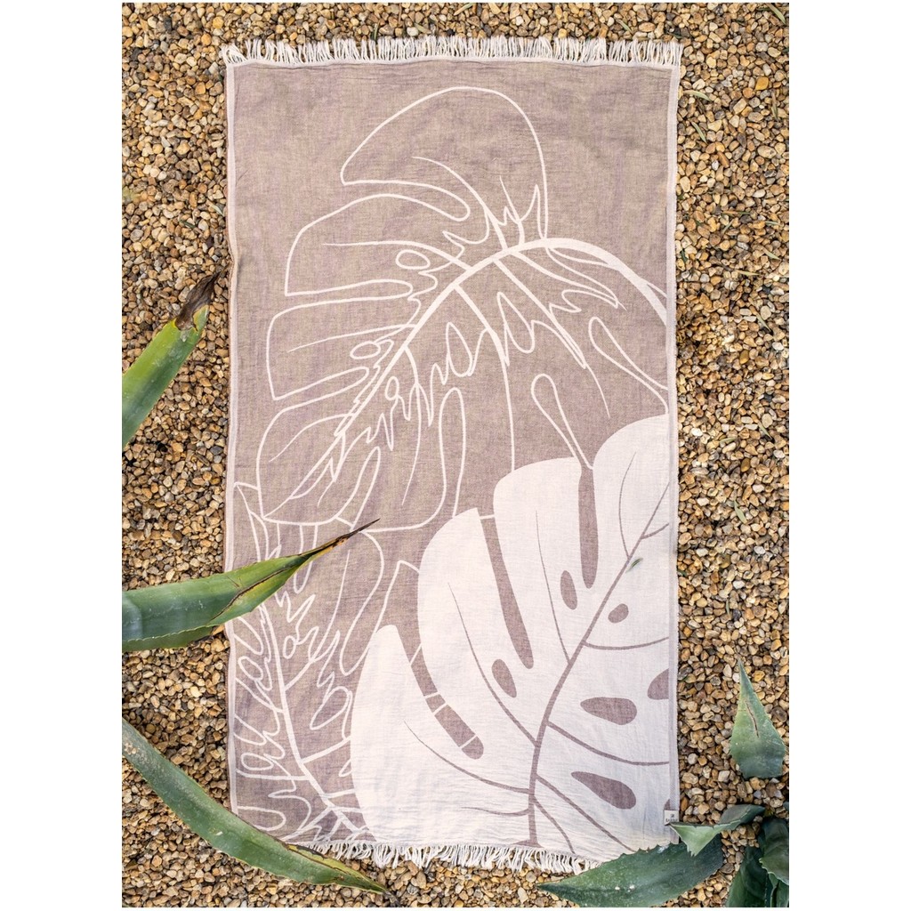 Barine Monstera Yaprağı Jakarlı Peştemal Bej, Taşıma Çantalı - 90 x 160 cm - Kahverengi Diğer Fiyatı