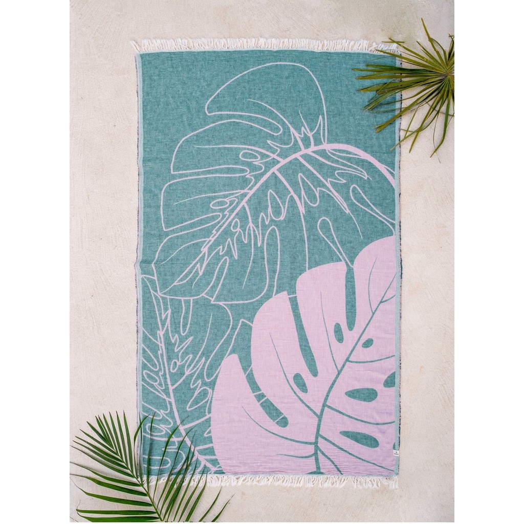 Barine Monstera Yaprağı Jakarlı Peştemal Toz Pembe, Taşıma Çantalı - 90 x 160 cm - Pembe Diğer Fiyatı