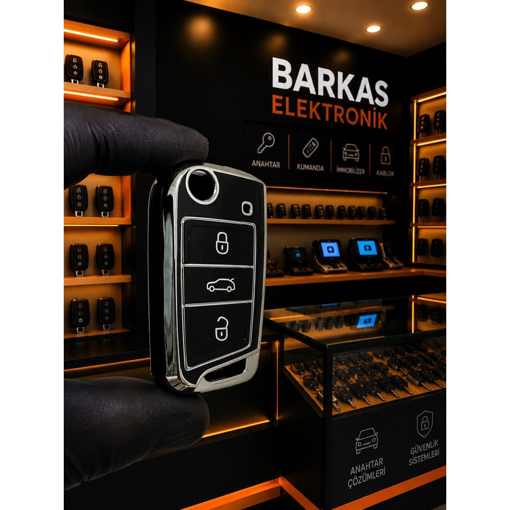 Barkas Elektronik Seat Leon Ateca Tarraco Arona Ibiza Toledo Sustalı Anahtar Kılıfı Siyah Gümüş - Siyah - Gümüş Anahtarlık Fiyatı