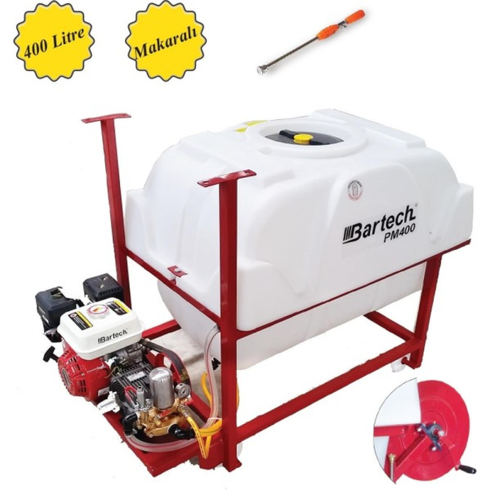Bartech PM-400-1 400 L Benzinli Arabalı Makaralı Llaçlama Makinesi Makara ve Başak Model + Tabancası İlaçlama Makinesi Fiyatı