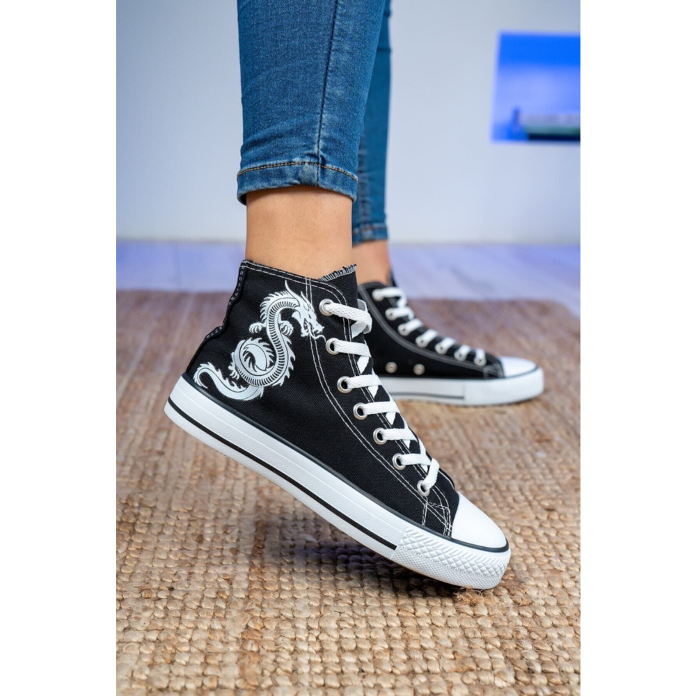 Bartrobel Siyah Beyaz Convers Ejderha Baskılı Bilekli Spor Ayakkabı Sneaker 36 Beden Spor Ayakkabı Fiyatı