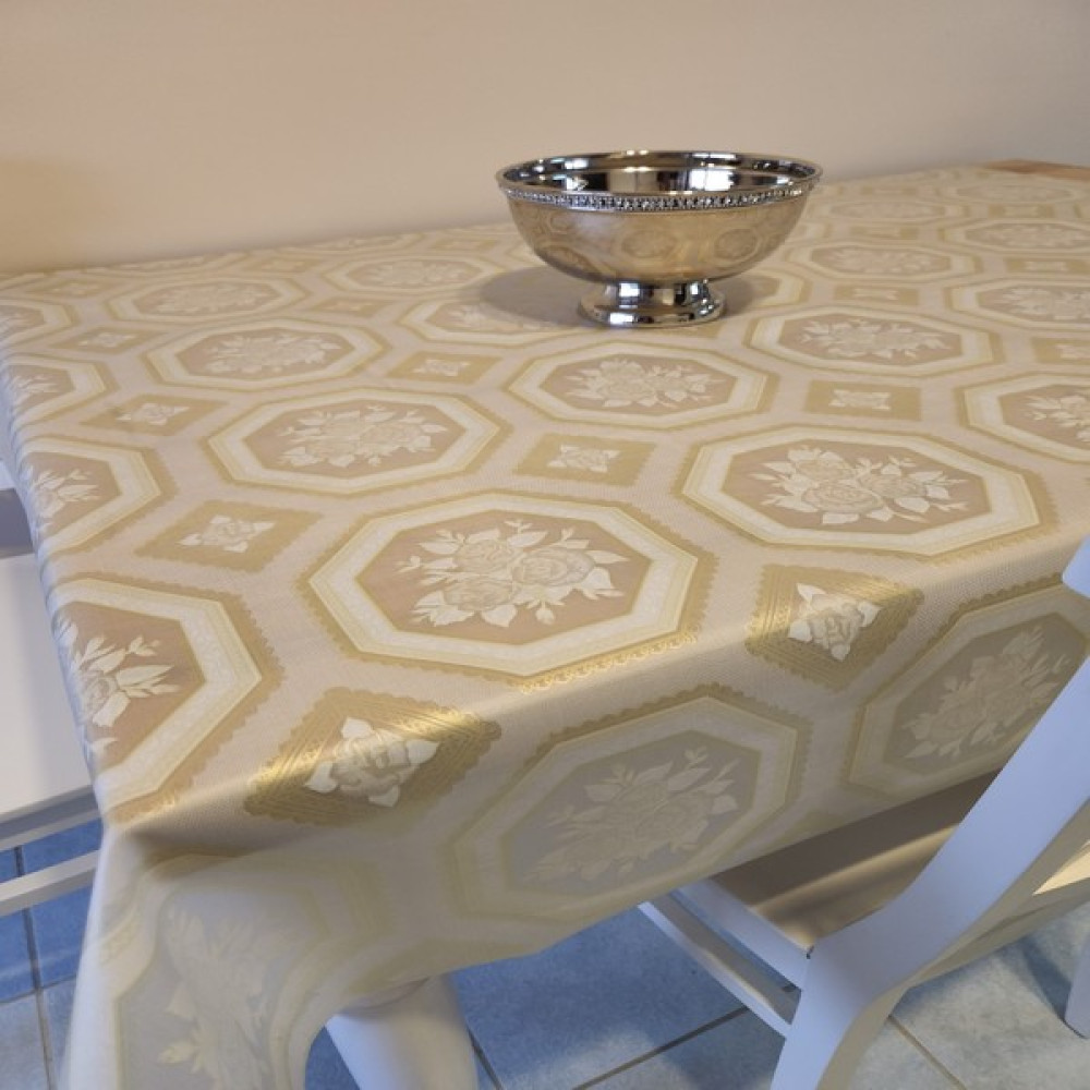Başak Ev Tekstili Ithal Pvc Muşamba - Desenli Silinebilir Masa Örtüsü - Beyaz - Gold - 140 x 240 cm Masa Örtüsü Fiyatı