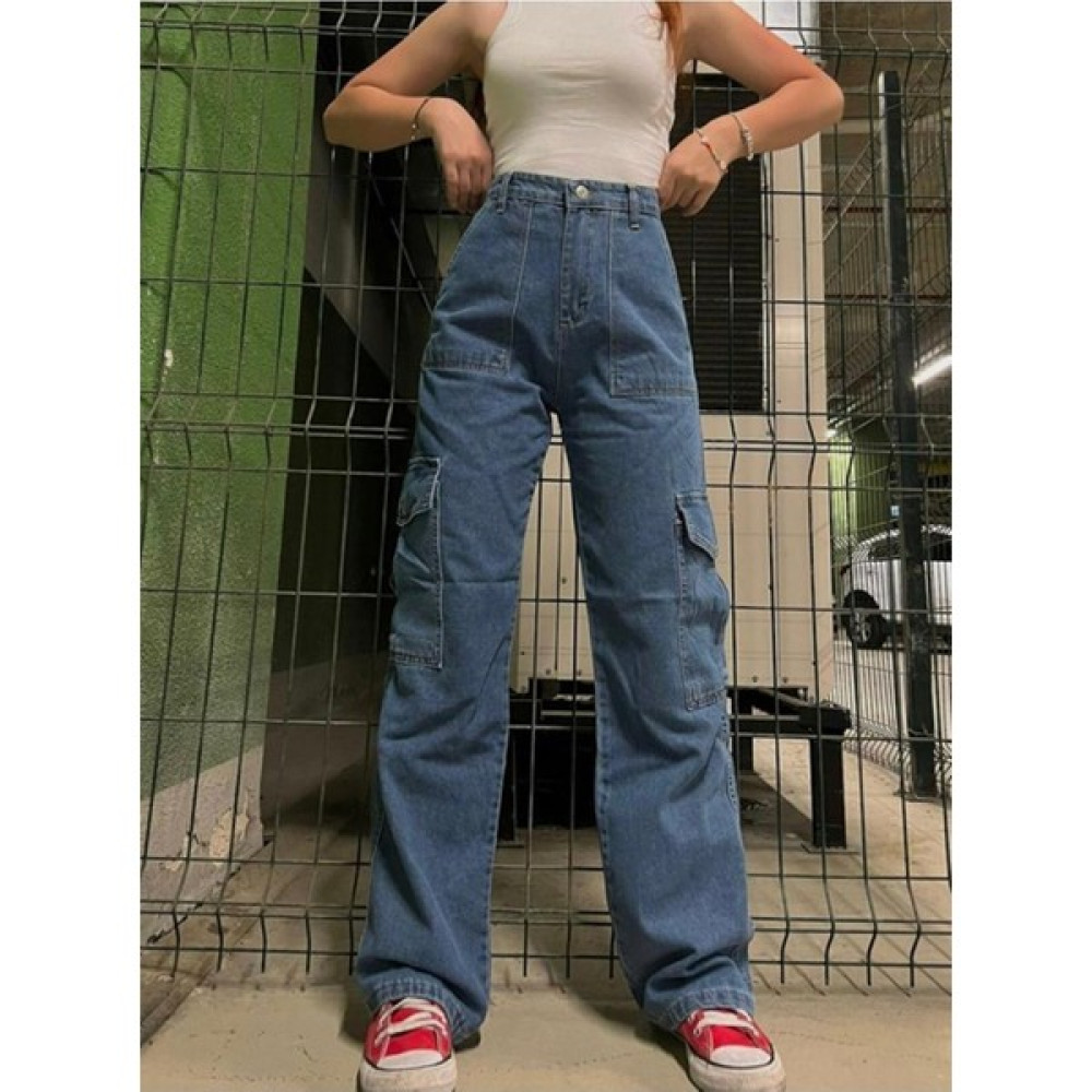 Base Unisex Kadın ve Erkek Y2K Streetstyle Wide Leg Mavi Kargo Pantolon Bayan Jeans / Kot Pantolon Fiyatı