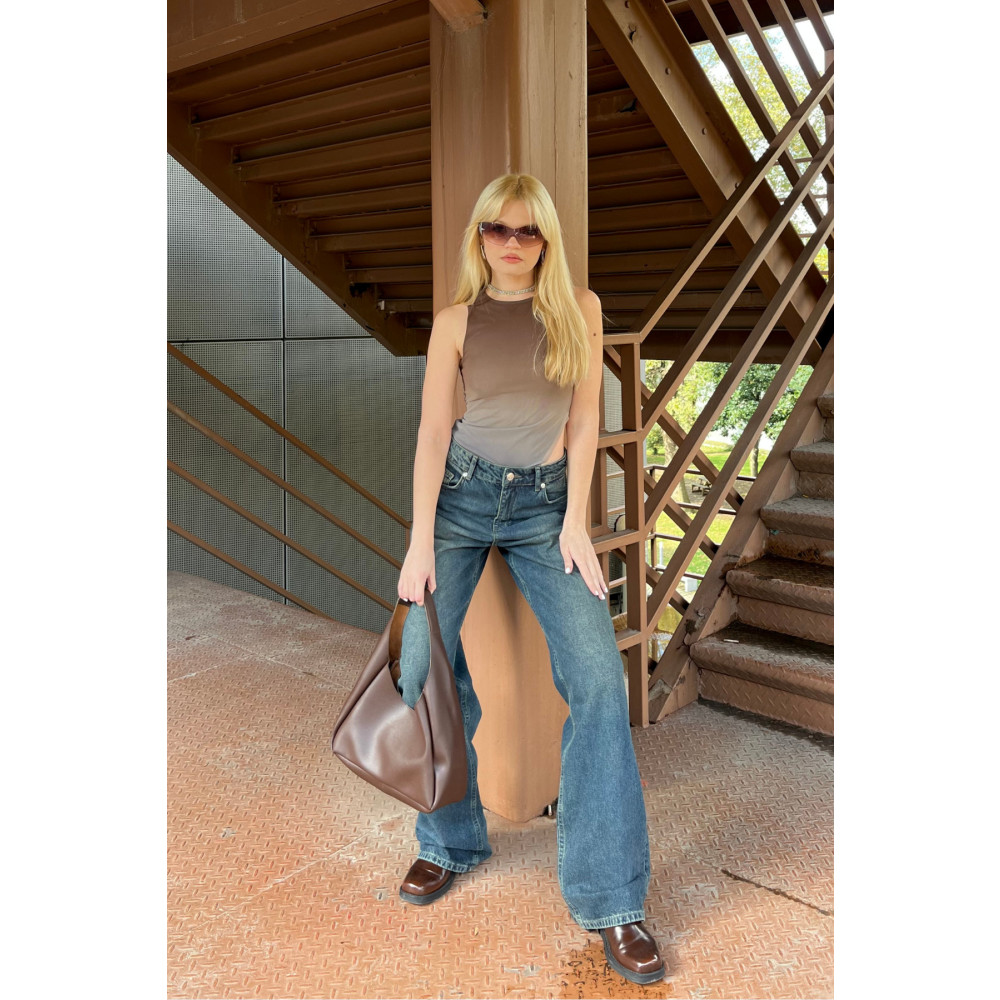 Bases Koyu Mavi Soluk Efektli Wide Leg Geniş Paça Jeans 38 Beden Bayan Jeans / Kot Pantolon Fiyatı