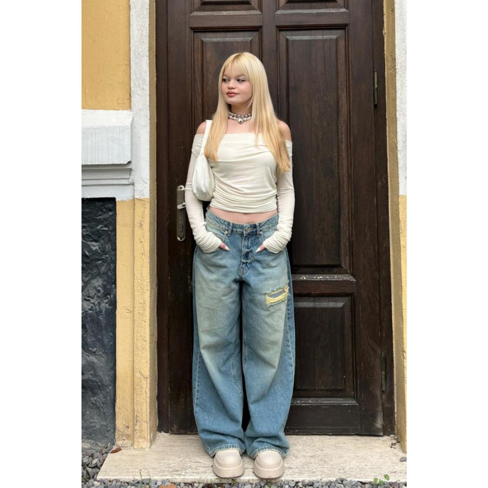 Bases Mavi Yırtıklı Bol Kesim Baggy Jean 40 Beden Bayan Jeans / Kot Pantolon Fiyatı