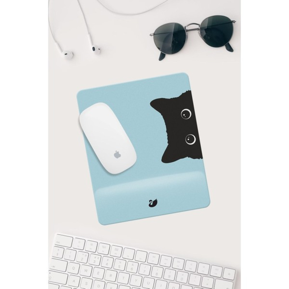 Baskı Bazar Mavi Kedi Çizimli Bilek Destekli Dikdörtgen Mouse Pad - Renkli Mouse Pad Fiyatı