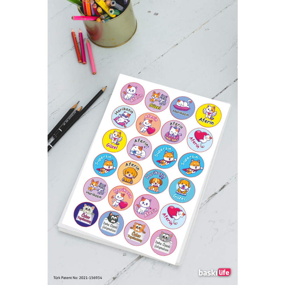 Baskı Life Sevimli Hayvanlar Kedi Köpek Ödev Etiket Sticker Öğretmen Aferin Harikasın Etiketleri 210 Adet Etiket Fiyatı