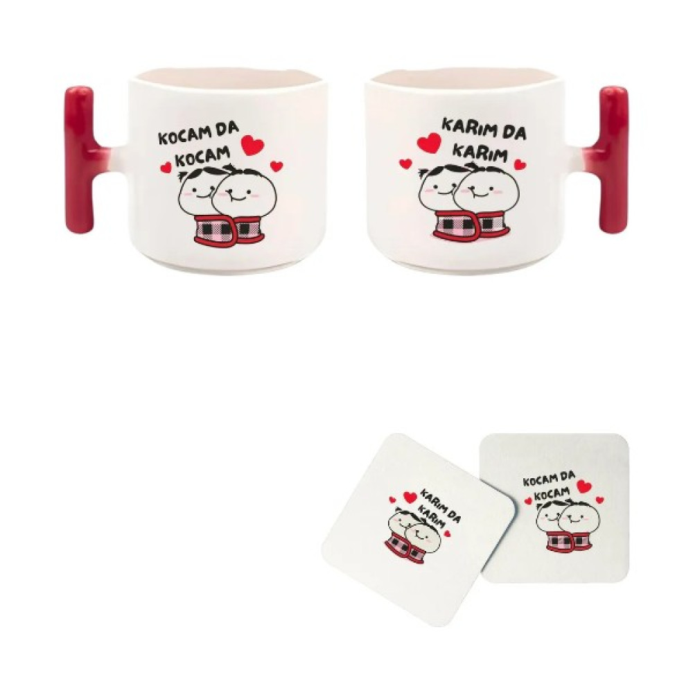 Baskı Tech “karım Da Karım” ve “kocam Da Kocam” Baskılı Kırmızı T Kulp Kupa Seti (Bardak Altı Hediyeli) - Renkli Fincan / Bardak / Kahve Takımı Fiyatı