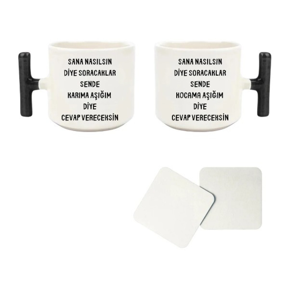 Baskı Tech Karıma Kocama Aşığım Diyeceksin Baskılı T Kulp Kupa Seti İkili (Bardak Altı Hediyeli) - Siyah Fincan / Bardak / Kahve Takımı Fiyatı