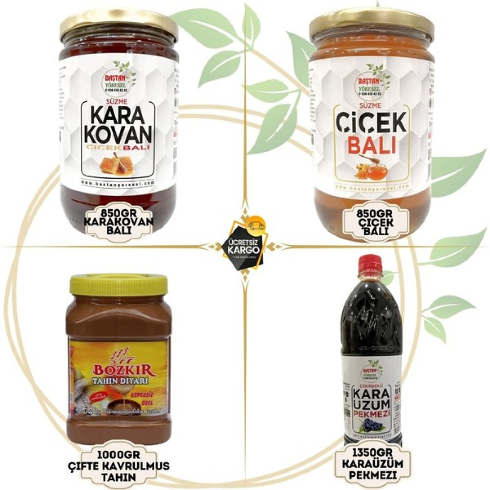 Baştan Yöresel 850 gr Çiçek Balı + 850 gr Karakovan Balı + 1 kg Tahin + 1.3 kg Kara Üzüm Pekmezi - 4 kg Diğer Fiyatı