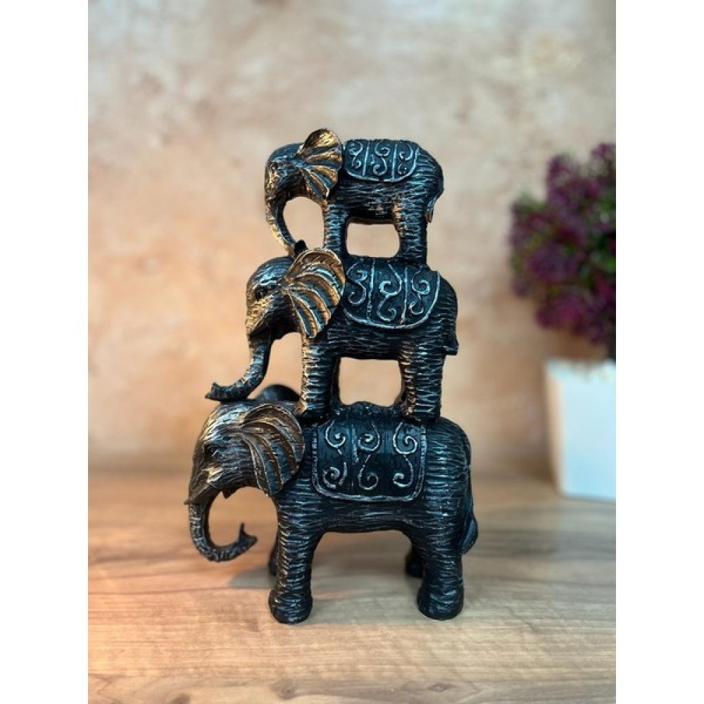 Bat Art House Üst Üste Üç Desenli Fil Heykel Biblo Ev Dekorasyon - Gümüş - Siyah Biblo Fiyatı