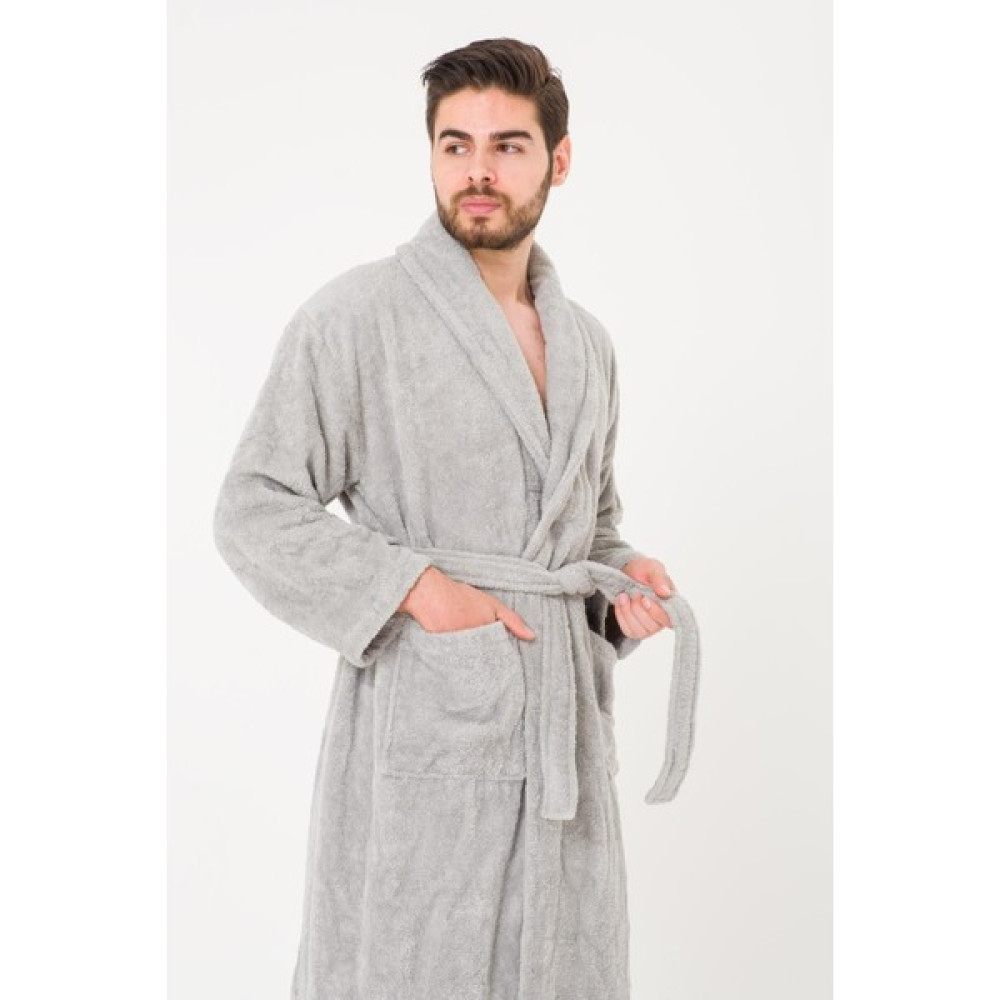 Battal Boy Düz Ve Pamuklu Şal Yaka Erkek Bornoz - 2XL - Gri Bornoz Fiyatı