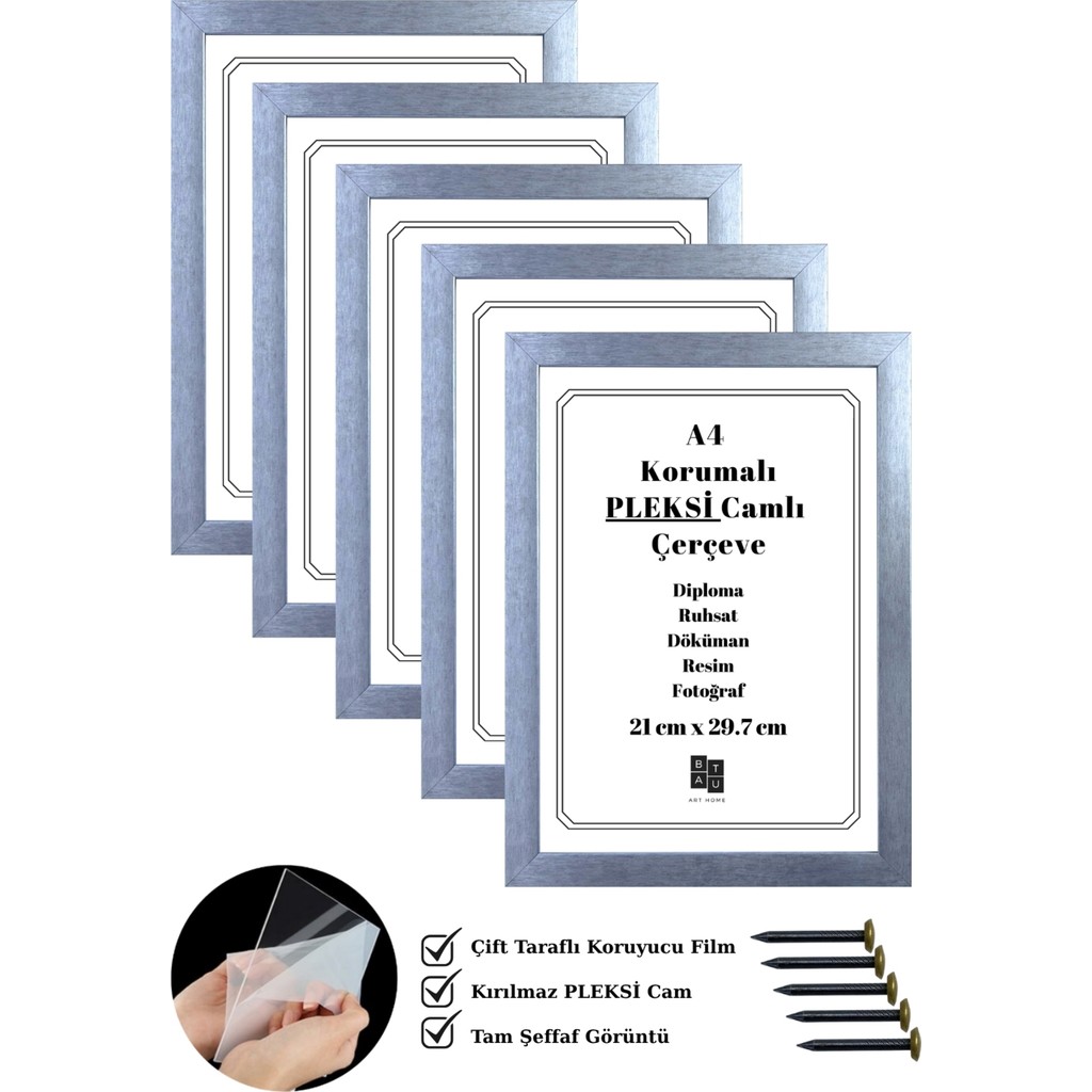 Batu Art Home 5 Adet A4 Çerçeve Eskitme Gümüş Renk Korumalı Kırılmaz Pleksi Camlı Belge Diploma Resim Fotoğraf Asılabilir 21 x 29.7 cm - 21x29,7 Diğer Fiyatı