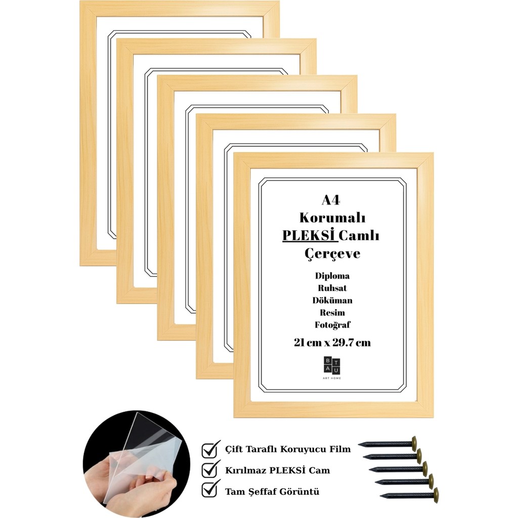 Batu Art Home 5 Adet A4 Çerçeve Gerçek Korumalı Kırılmaz Pleksi Belge Diploma Resim Fotoğraf Asılabilir 21 x 29.7 cm - Natural Ahşap - 21x29,7 Diğer Fiyatı