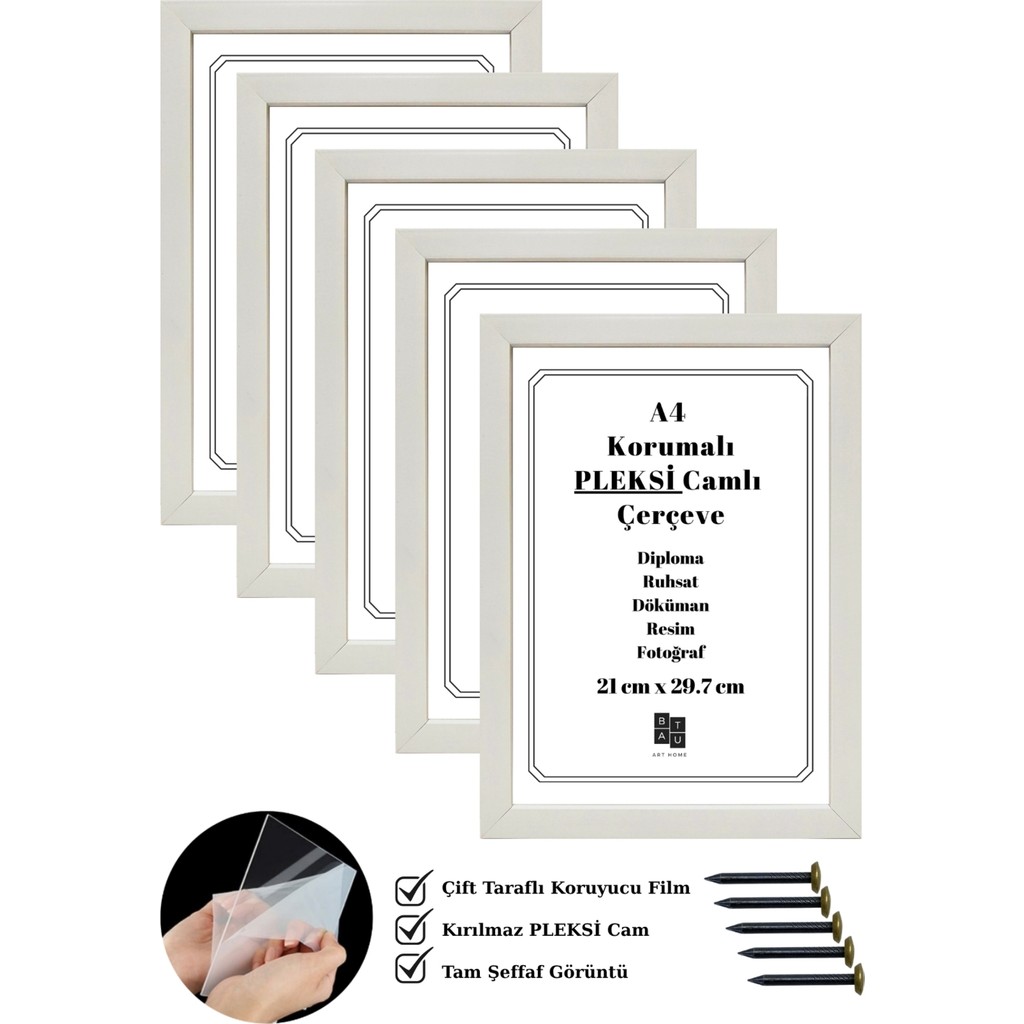 Batu Art Home 5 Adet A4 Çerçeve Korumalı Kırılmaz Pleksi Camlı Belge Diploma Resim Fotoğraf Asılabilir 21 x 29.7 cm - Beyaz - 21x29,7 Diğer Fiyatı
