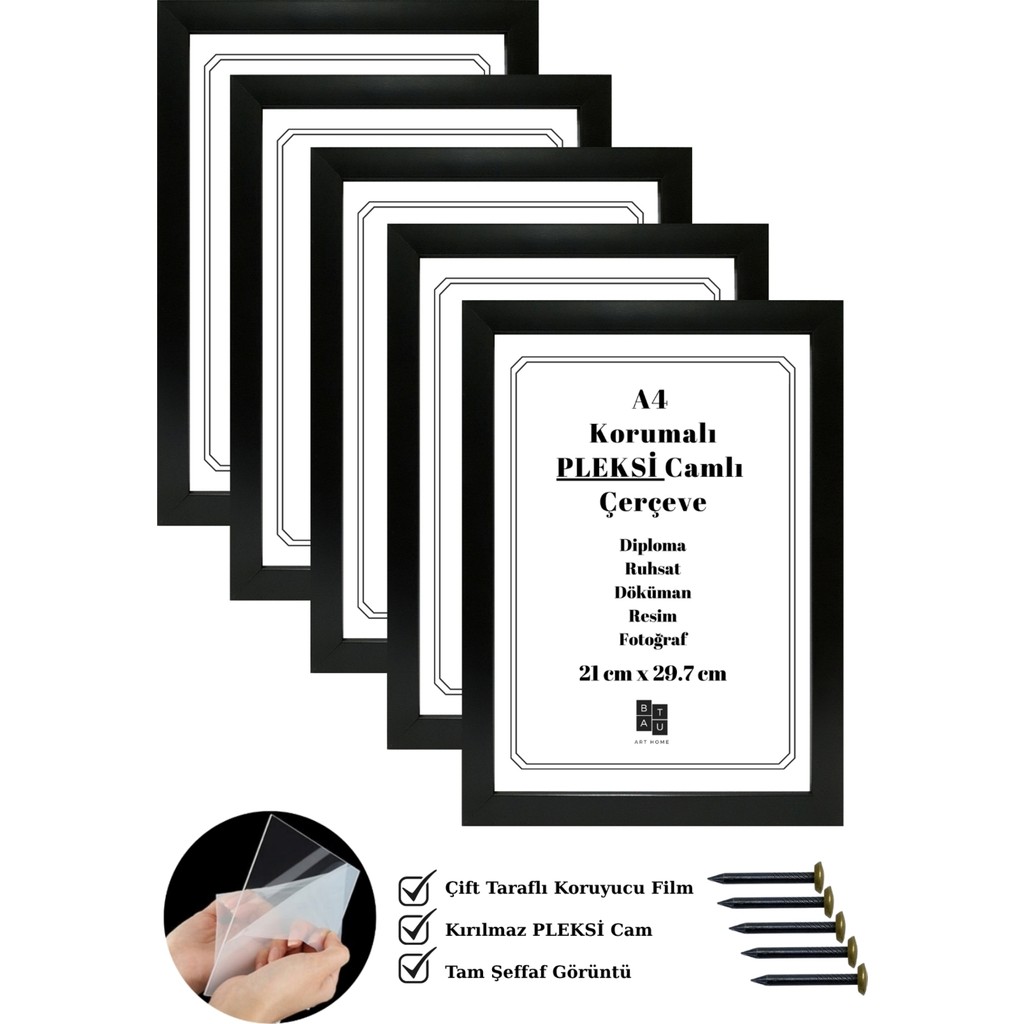 Batu Art Home 5 Adet A4 Çerçeve Korumalı Kırılmaz Pleksi Camlı Belge Diploma Resim Fotoğraf Asılabilir Siyah Renk 21 x 29.7 cm - 21x29,7 Diğer Fiyatı