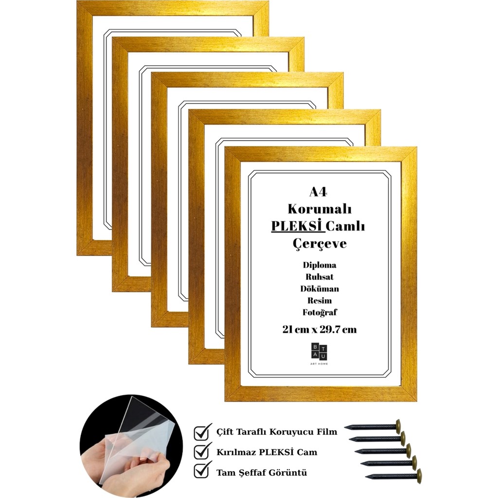 Batu Art Home 5 Adet A4 Çerçeve Mat Altın Renk Korumalı Kırılmaz Pleksi Camlı Belge Diploma Resim Fotoğraf Asılabilir 21 x 29.7 cm - Antik Altın Diğer Fiyatı
