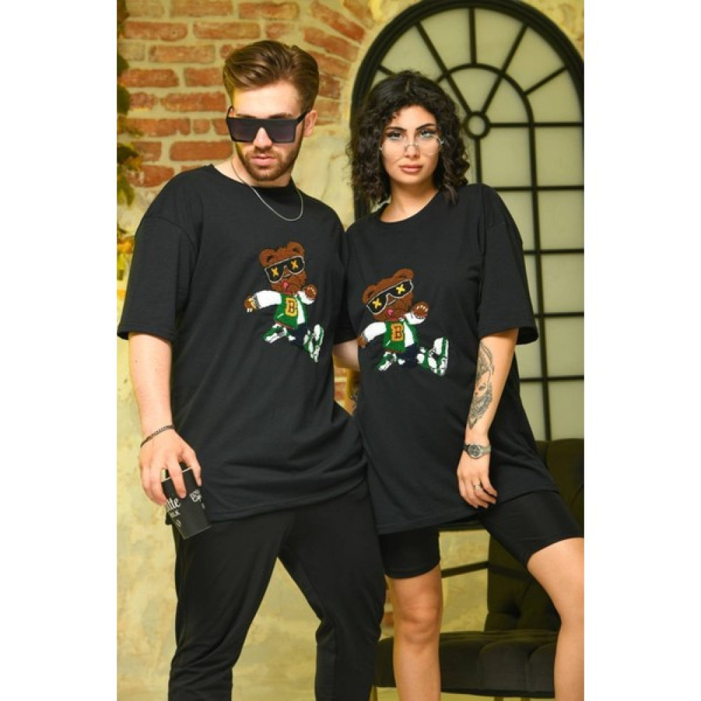 BAV Butik Ayvitrin Sevgili Kombini Çift Unicex Ovarsize Peluşlu Siyah Erkek T-shirt Fiyatı