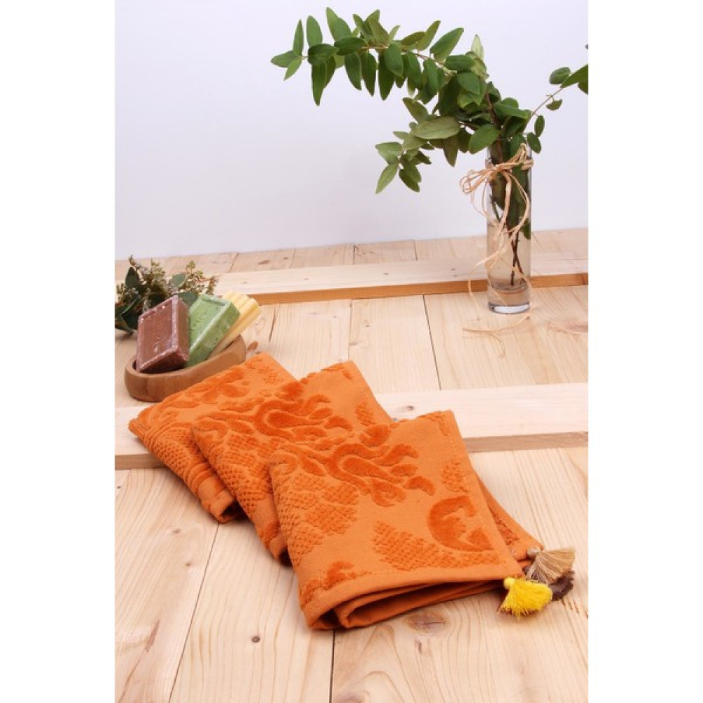 Baveno Jakarlı Püsküllü 3'lü Kadife 30x30 Mutfak Misafir Havlusu - Turuncu - 30 x 30 cm El / Yüz Havlusu Fiyatı